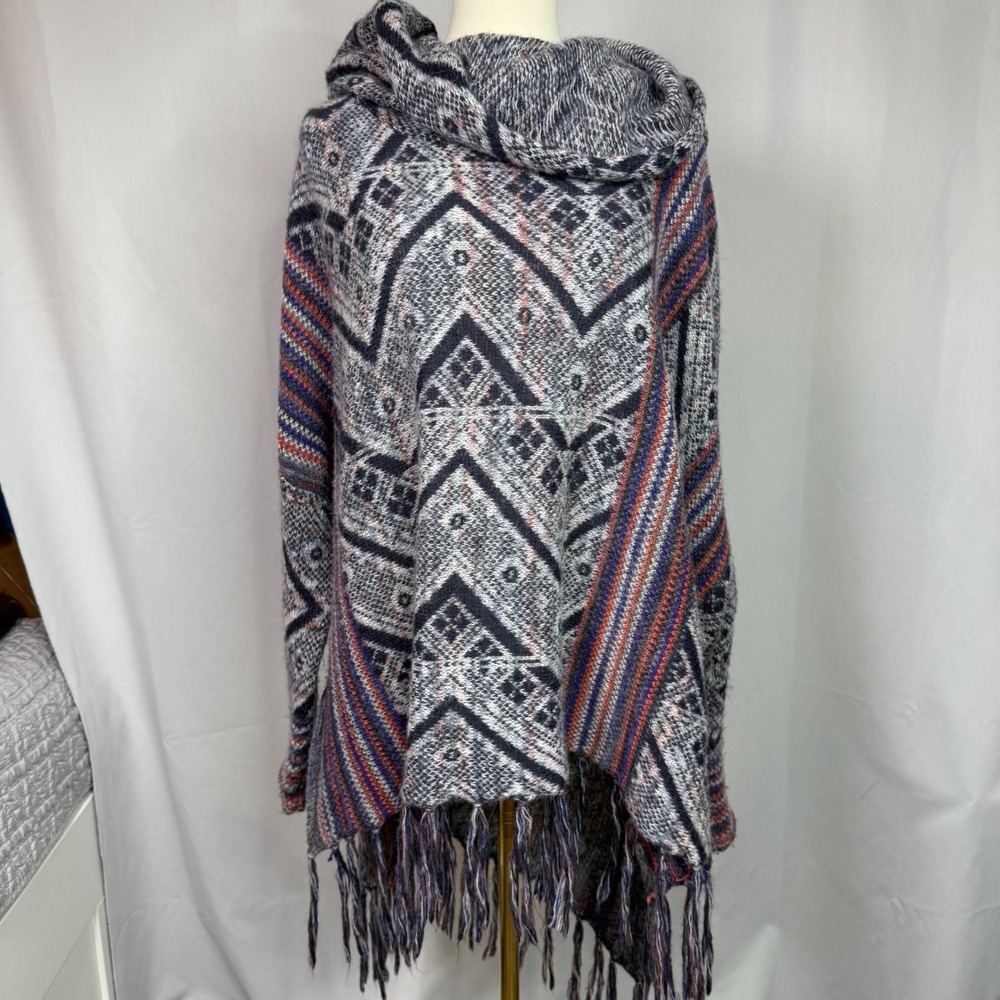 Free People Wool Alpaca Blend Geometric Fringe Poncho Sweater Cowl Neck Multi